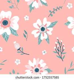 Seamless pattern with a dogrose flowers , rosehip bud and twigs . Handdrawn abstract flat hand drawn vector flora background