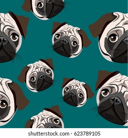 Seamless pattern with dogs. Abstract seamless pattern with cartoon character of Pug puppy. Creative funny repeated backdrop. background for fashion textile, wrapping paper.