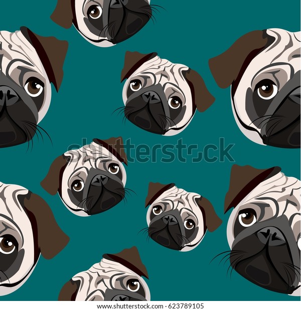 犬とシームレスな柄 Pugの子犬の漫画のキャラクターを使った抽象的なシームレスなパターン クリエイティブな面白い繰り返し背景 ファッションテキスタイルの背景 包装紙 のベクター画像素材 ロイヤリティフリー