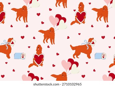  Seamless pattern with dogs with balloons and hearts and letters for Valentine's Day Festive background for celebrating Valentine's Day Vector background