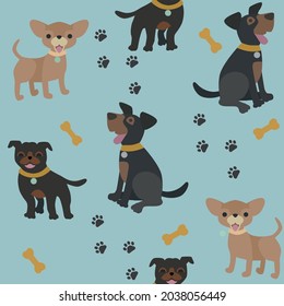 Seamless pattern with dogs, bones on blue background. Vector illustration. 