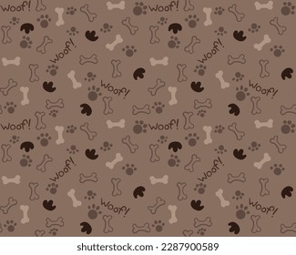 Seamless pattern with dogs, bones, paws and inscriptions "Woof!"