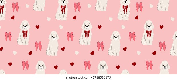 Patrón sin fisuras con perros con lazos y corazones para el fondo festivo del día de San Valentín para celebrar el fondo del Vector del día de San Valentín