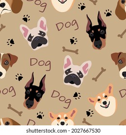 Patrón sin foco con perros de la raza: beagle, doberman, corgi, bulldog francés, jack russell. Ilustración vectorial plana con un animal lindo mascota sobre un fondo beige.