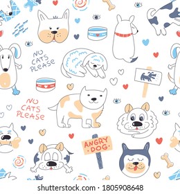 Patrón sin foco con razas de perros. Colección de perros de arte de línea en blanco. Animales amables durmiendo, soñando, sonriendo. Los niños tienen estilo de lindas caras de garrapatas, frases, corazones, tazones. El entorno de las mascotas encantadoras Doodle