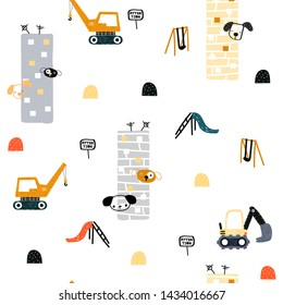 Seamless pattern with dogs and building elements. Kids funny print. Vector hand drawn illustration.