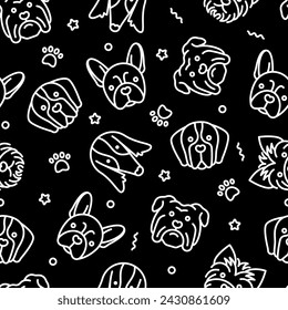 Seamless pattern with dogs. Bulldog, french bulldog, borzoi, st bernard, yorkshire terrier thin line icons. Vector illustration.