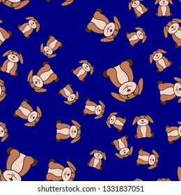 Seamless pattern of dogs in cartoon style. On color background, vector illustration.