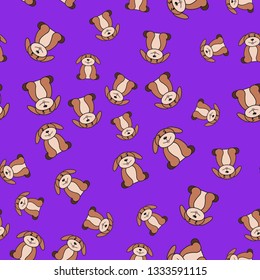 Seamless pattern of dogs in cartoon style. On color background, vector illustration.