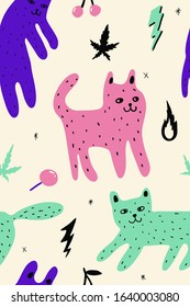 Seamless pattern of dogs / cats funny and cute face, with decoration of weeds, lollipop, flame, and cherry in pastel doodle style