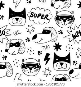 Seamless pattern with dogs, cats, superhero masks, speech bubbles, stars on white background. Vector doodle background. 