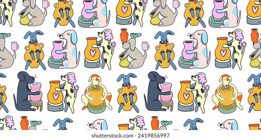 seamless pattern with dogs and ceramic in color flat style in vector. template for print wallpaper, wrapping, background, textile