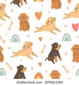 Seamless pattern with dogs. Cheerful dogs. Dog breeds. Cute animals