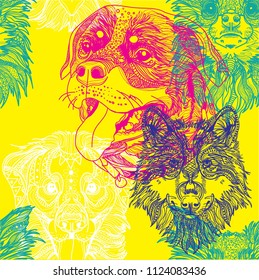 Seamless pattern with dogs. Children's coloring, meditative coloring. Chihuahua, Rottweiler and Labrador. Meditative pattern. Dots, stripes, wool.
