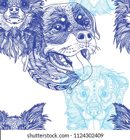 Seamless pattern with dogs. Children's coloring, meditative coloring. Chihuahua, Rottweiler and Labrador. Meditative pattern. Dots, stripes, wool.