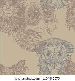 Seamless pattern with dogs. Children's coloring, meditative coloring. Chihuahua, Rottweiler and Labrador. Meditative pattern. Dots, stripes, wool.