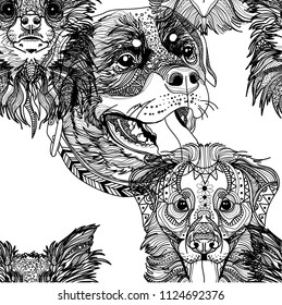 Seamless pattern with dogs. Children's coloring, meditative coloring. Chihuahua, Rottweiler and Labrador. Meditative pattern. Dots, stripes, wool.