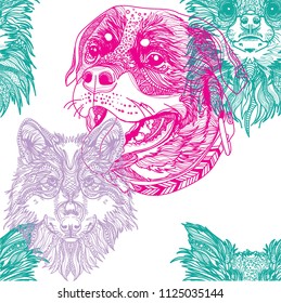 Seamless pattern with dogs. Children's coloring, meditative coloring. Chihuahua, Rottweiler and Labrador. Meditative pattern. Dots, stripes, wool.