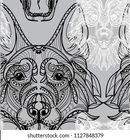 Seamless pattern with dogs. Children's coloring, meditative coloring. Meditative pattern. Dots, stripes, wool.