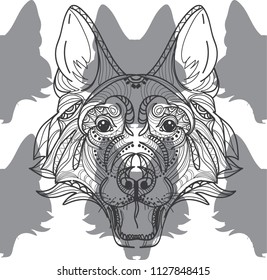 Seamless pattern with dogs. Children's coloring, meditative coloring. Meditative pattern. Dots, stripes, wool.