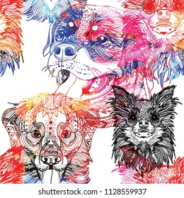 Seamless pattern with dogs. Children's coloring, meditative coloring. Chihuahua, Rottweiler and Labrador. Meditative pattern. Dots, stripes, wool.