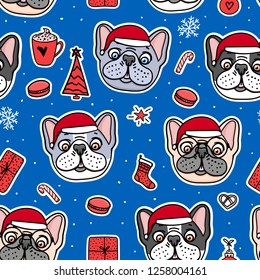 Seamless pattern Dogs in Christmas santa red hats. Vector Illustration holiday design. French bulldog puppies hand drawn characters on blue background. Winter frosty style