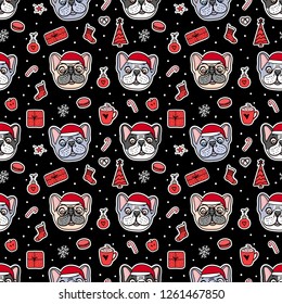 Seamless pattern Dogs in Christmas santa hats. Vector Illustration holiday design. French bulldog hand drawn stickers on black background. Space dark style