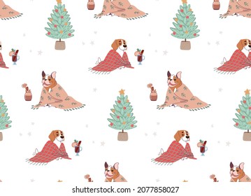 Seamless Сhristmas pattern with dogs and Christmas trees. Vector in flat style