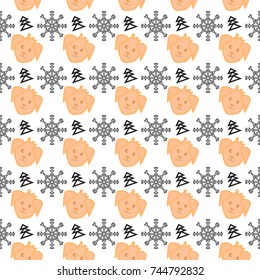 Seamless pattern with dogs, Christmas trees and snowflakes.