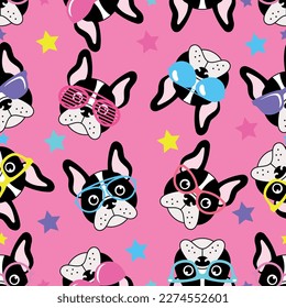 seamless pattern of dogs with cute stars of various colors