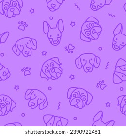 Seamless pattern with dogs. Dachshund, jack russell, pinscher, pug, rottweiler  thin line icons. Vector illustration.