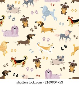 Seamless pattern dogs decorative. Freehand drawing. Vector illustration.