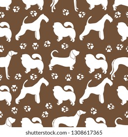 Seamless pattern with dogs of different breeds, dog tracks. Animal background. Design for card, announcement, advertisement, banner or print.