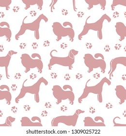 Seamless pattern with dogs of different breeds, dog tracks. Animal background. Design for card, announcement, advertisement, banner or print.