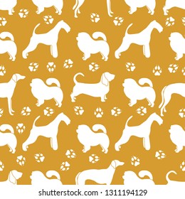 Seamless pattern with dogs of different breeds, dog tracks. Animal background. Design for card, announcement, advertisement, banner or print.