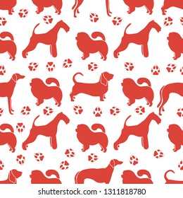 Seamless pattern with dogs of different breeds, dog tracks. Animal background. Design for card, announcement, advertisement, banner or print.