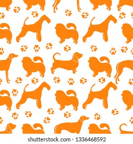 Seamless pattern with dogs of different breeds, dog tracks. Animal background. Design for card, announcement, advertisement, banner or print.