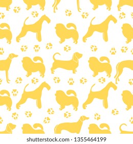 Seamless pattern with dogs of different breeds, dog tracks. Animal background. Design for card, announcement, advertisement, banner or print.