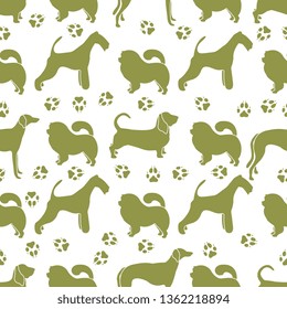 Seamless pattern with dogs of different breeds, dog tracks. Animal background. Design for card, announcement, advertisement, banner or print.