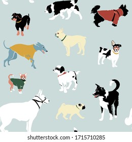 Seamless pattern. Dogs of different breeds. Vector illustration