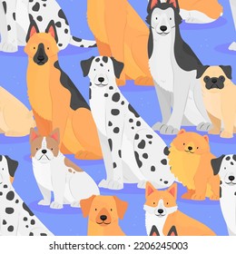 Seamless pattern with dogs of different breeds on a blue background. Sitting dogs in cartoon flat style. Vector illustration background.