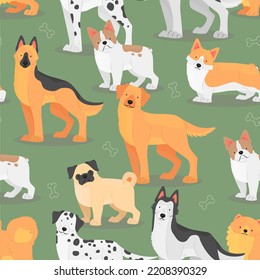 Seamless pattern with dogs of different breeds on a green background. Standing dogs in cartoon flat style. Vector illustration background.