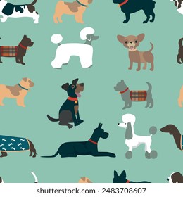 Seamless pattern with dogs of different breeds on blue background. 