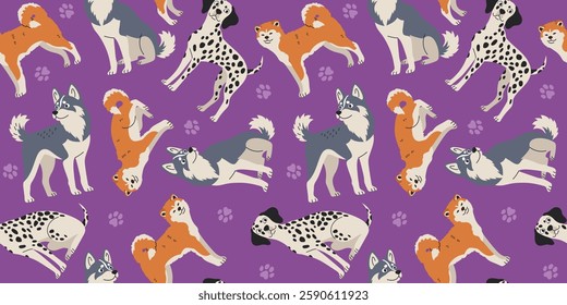 Seamless pattern dogs of different breeds. Pets, domestic animals. Background for decoration and textiles