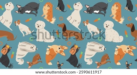 Seamless pattern dogs of different breeds. Pets, animals. Background for decoration and textiles