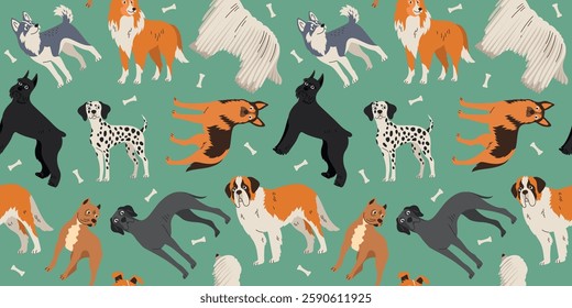 Seamless pattern dogs of different large breeds. Pets, animals. Background for decoration and textiles