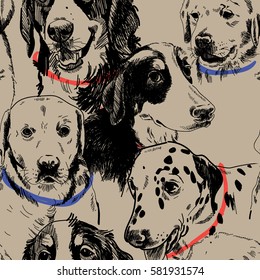 Seamless pattern with dogs. Dog breeds. Labrador Retriever, zinenhund. Drawing by hand in vintage style.
