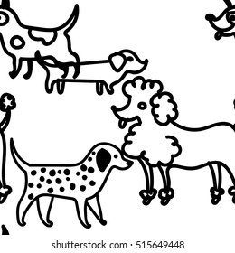 
Seamless pattern with dogs. Drawing by hand, a child's drawing. Dog breeds. Dachshund, Poodle, Dalmatian.