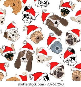 Seamless pattern with dog's face in Santa's hat on a white background. Dog - animal symbol of New Year 2018.  