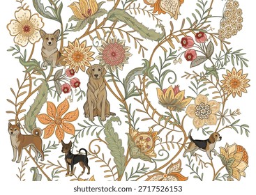 Nahtloses Muster mit Hunden und Blumen. Verziertes botanisches Design mit Corgi, Beagle und Labrador im eleganten Vintage-Stil. Wiederholter handgezeichneter Hintergrund für Textilien und Tapeten.